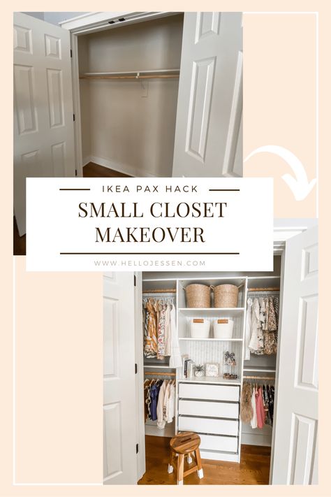 Closet Ikea Ideas Small Spaces, Small Space Den Ideas, Ikea Dresser Inside Closet, Small Mobile Home Closet Ideas, Baby Closet With Sliding Doors, Ikea Small Closet Organization, Built In Closet With Ikea Dresser, Closet Organizer Ideas Small, Simple Closet Makeover