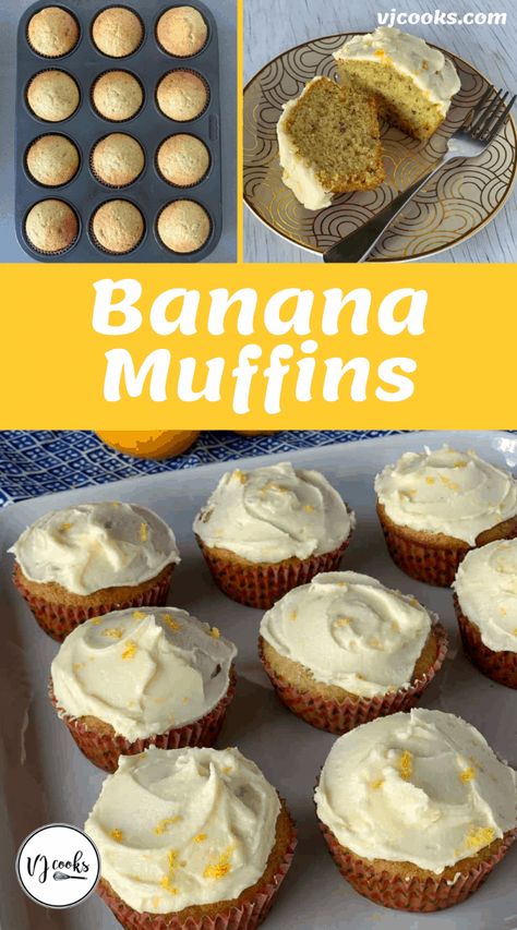 Banana Muffins Icing For Banana Muffins, Banana Muffins With Icing, Holiday Appies, Lemon Banana Muffins, Fluffy Banana Muffins, Banana Bread Cupcakes, Magic Muffins, Pallet Gardens, Healthy Muffins For Kids