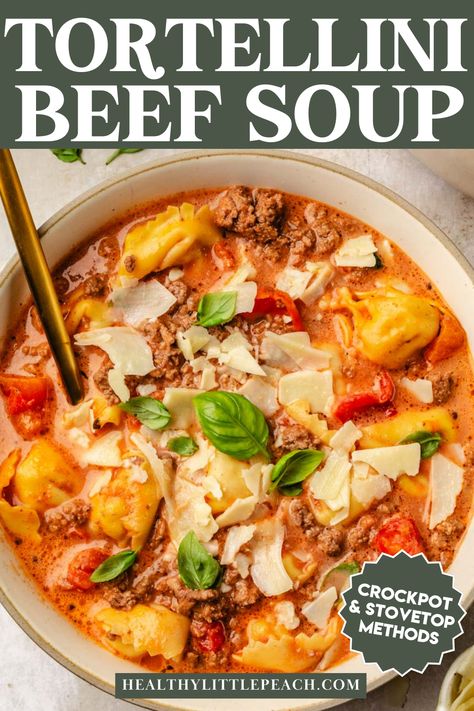 A tasty, creamy Beef Tortellini Soup recipe that the whole family will love. Made with ground beef, diced tomatoes, onions, beef broth, cream, and tortellini. This flavorful soup is the perfect for chilly days or when you're craving something comforting and hearty. Slow cooker option included. Beef Tortellini Soup Crock Pot, Beef Tortellini Recipes Soup, Ground Beef Tortellini Soup, Creamy Beef Tortellini, Beef Tortellini Soup, Ground Beef Diced Tomatoes, Beef Tortellini, Healthy Little Peach, Gf Food