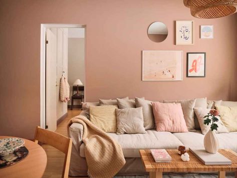 15 Pink living room ideas for a subtle warm glow Pink Living Room Ideas, Pink Ceiling, Coco Lapine Design, Pink Living Room, White Ceiling, Gray Sofa, Living Room Ideas, Pink Walls, Wainscoting