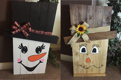 REVERSIBLE SCARECROW & SNOWMAN (Craft idea) – The Idea Door Pallet Wood Christmas, Wooden Pallet Crafts, Wooden Crafts Diy, Board Pictures, Fall Scarecrows, Painted Items, Craft Things, Pallet Decor, Wooden Pallet Projects