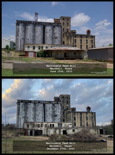 11 years of decay - Martindale Feed Mill - Marshall, Texas : OldPhotosInRealLife Marshall Texas, Red Scare, Current Location, Photo Overlays, Past And Present, Historical Events, Worcester, Small Home, Show Us