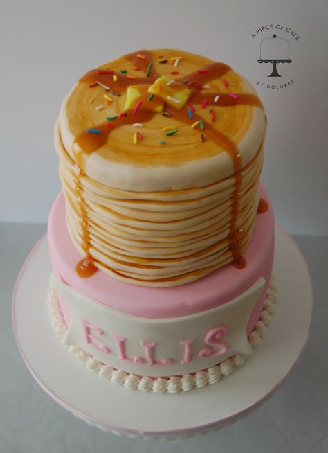 Pancake Themed Cake, Cake That Looks Like Pancakes, Pancakes And Pajamas Birthday Cake, Pancake Cake Birthday, Pancake Birthday Cake, Unicorn Pancakes, Cake With Piping, Birthday Cake 2 Tier, Pancakes Birthday