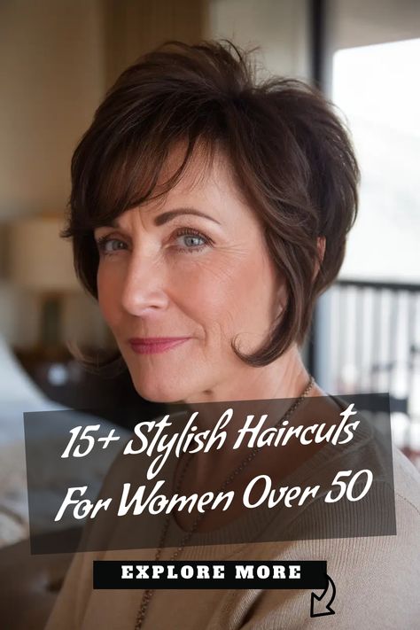 Woman with a short stylish haircut, text overlay: "15+ Stylish Haircuts for Women Over 50. Explore More". Latest Hairdo, Shag Layered Hairstyles, Self Haircut, Chic Bob, Long Layered Cuts, Long Pixie Hairstyles, Haircuts For Women Over 50, Trendy Haircuts For Women, Fresh Haircut