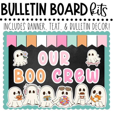 Get into the Spooky season this October with our Halloween bulletin board kits. #theprettylittleclassroom #bulletinboards #bulletinboard #halloweenclassroom #halloweenclass #classroomdecor #halloweenbulletinboard Autumn Classroom, Halloween Bulletin Boards, Halloween Classroom, Boo Crew, Halloween Fall, Office School, Bulletin Board, Bulletin Boards, Classroom Decor