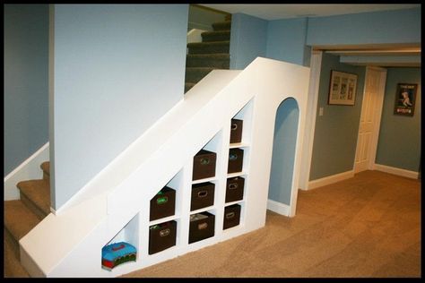 Awesome flight idea for the basement Basement Remodel Playroom, Basement Stairs Ideas, Basement Colors, Basement Organization, Basement Playroom, Kids Basement, Diy Basement, Basement Stairs, Small Basements