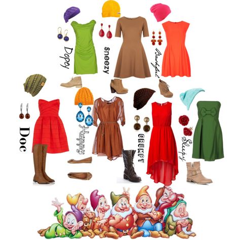 "The Seven Dwarves" by fifithebrave on Polyvore Enchanted Outfit, Disneybounding Ideas, Disney Bounds, Disney World Vacation Planning, 7 Dwarfs, Disney Dress, Disney Vacation Planning, Disney Bound Outfits, Fairy Tale Characters