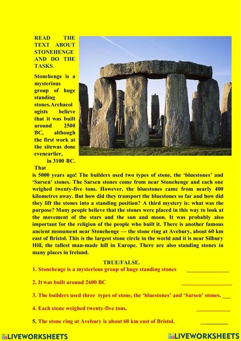 Reading comprehension online worksheet for GRADE 8. You can do the exercises online or download the worksheet as pdf. Comprehension Exercises, The Worksheet, English As A Second Language (esl), Grade 8, English As A Second Language, English Class, Stonehenge, Types Of Stones, Online Workouts