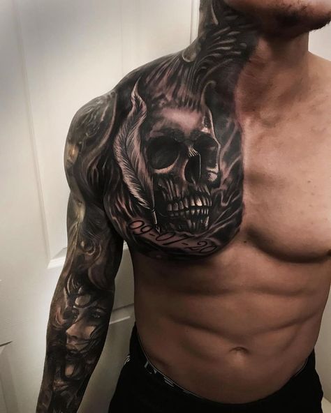 Chest Piece Tattoo Men Design, Full Chest Tattoos, Tattoo Goo, Boys With Tattoos, Chest Ideas, All Black Tattoos, Skull Sleeve, Skull Sleeve Tattoos, Dragon Sleeve Tattoos