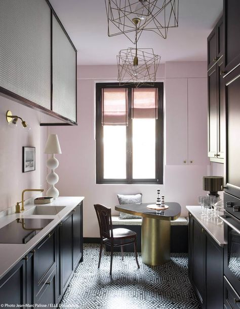 Emily Henderson Parisian Art Deco Accessories Inspo Pics 3 Interior Airbnb, Pink Kitchen Walls, Pink Kitchen Cabinets, Серая Кухня, Parisian Decor, All White Kitchen, Grey Kitchen Cabinets, Pink Kitchen, Kitchen Color