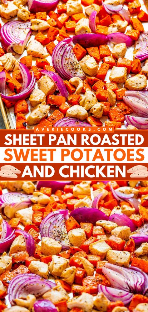 A sheet pan meal with zero cleanup! It's easy and ready in just 30 minutes. Not only is this roasted sweet potatoes and chicken recipe colorful and vibrant, but it is also healthy and delicious. Gotta love a weeknight dinner in one pan! Sweet Potatoes And Chicken, Potatoes And Chicken, Sheet Pan Dinners Chicken, Pan Recipe, Sheet Pan Dinners Recipes, Sheet Pan Chicken, Chicken Sweet Potato, Pan Dinners, Recipes Appetizers