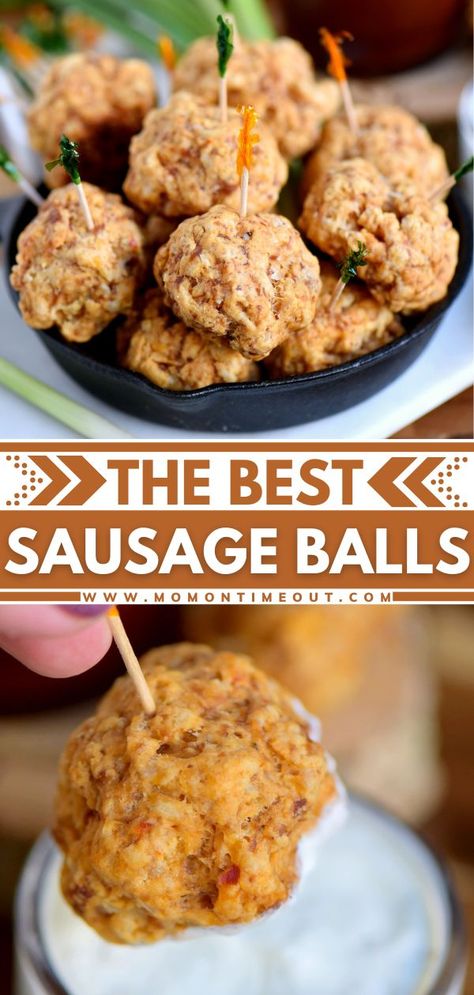 These are the Best Sausage Balls for your New Year's Eve appetizer! They are so easy to make and so delicius especially when dipped in ranch, bbq sauce, or marinara! Save this New Year's Eve finger… More Best Sausage Balls, Sausage Ball, Sausage Cheese Balls, Sausage Appetizers, Sausage Balls Recipe, Spicy Italian Sausage, New Year's Eve Appetizers, Ball Recipes, Best Sausage