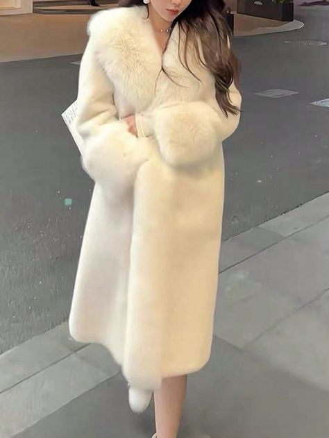 Solid Color Fur Collared Warm Plush CoatI discovered amazing products on SHEIN.com, come check them out! White Fur Coat Outfit Casual, Long White Coat, White Faux Fur Coat, Fur Coat Outfit, Long Fur Coat, White Fur Coat, Fuzzy Coat, Plush Coat, Faux Fur Coats