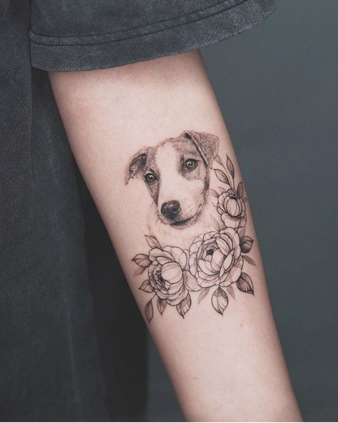 Dog Sleeping In Flowers Tattoo, Dog Portrait Tattoo Flowers, Floral Dog Tattoo, Milo Tattoo, Potrait Tattoo, Manicure 2023, Larkspur Tattoo, Dog Portrait Tattoo, Think Tattoo