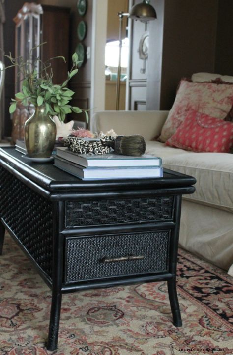 Last Spring, when a friend gave me a natural bamboo coffee table that she no longer wanted, I thought I might paint it and sell it. I loved the look, but didn’t think I really needed a coffee table; however, after I painted it, I was sure I did (hoarder’s logic and the reason why … Bamboo Furniture Makeover, Small Black Table, Painted Chandelier, Bamboo Diy, Bamboo Coffee Table, Wicker Side Table, Wicker Coffee Table, Painted Bamboo, Painted Wicker