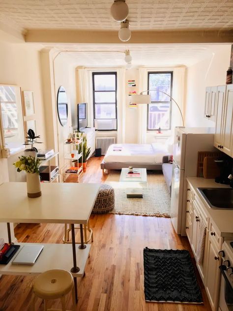 250-Square-Foot NYC Shared Studio Apartment Photos | Apartment Therapy Apartamento New York, Appartement New York, Nyc Studio Apartments, Tiny Studio Apartments, Studio Apartment Living, Tiny Apartments, Deco Studio, Small Studio Apartment, Small Apartment Design