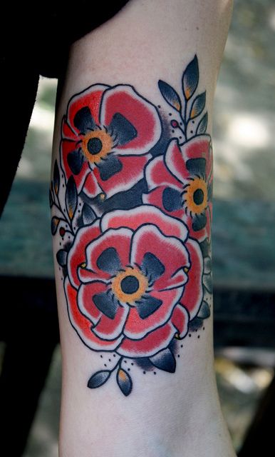 poppy1 by Myke Chambers Tattoos, via Flickr Traditional Poppy Tattoo, Poppy Tattoo Meaning, Watercolor Poppy Tattoo, Red Poppy Tattoo, Botanical Tattoos, Poppy Flower Tattoo, Poppy Tattoo, Poppies Tattoo, Tattoo Traditional