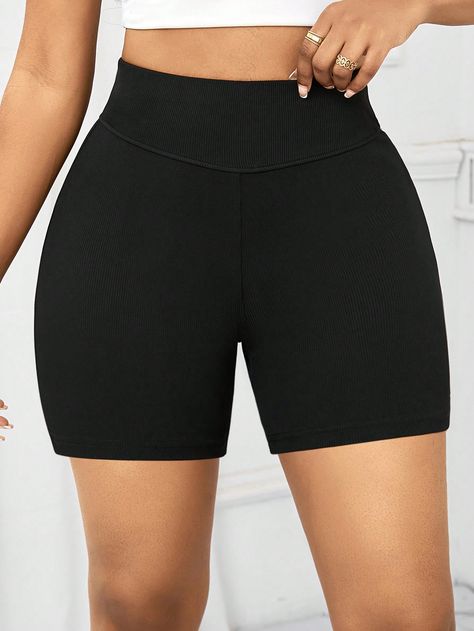 Black Casual Collar  Knitted Fabric Plain Biker Shorts Embellished Slight Stretch  Women Clothing Autumn Clothing, Biker Shorts, Black Fits, Black Casual, Maternity Bag, Workout Shorts, Women Clothes Sale, Women's Leggings, Women Clothing