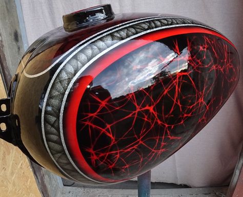 Motorcycle car auto painting tank helmet skateboard deck red black metal flake candy kandy Cafe Racer Tank Paint Ideas, Unique Motorcycle Paint Jobs, Motorcycle Tank Paint Ideas, Airbrushed Tanks, Chopper Tank Paint, Gas Tank Paint, Hand Painted Motorcycle Tank, Custom Motorcycle Paint Jobs, Bike Tank