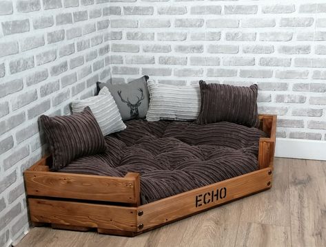 "Size XL: 36.75\" x 36.75\" (93 cm x 93 cm-The two longest sides) Depth: 11 \" (28 cm) Designed to fit neatly into a corner Decorative stud detail on the front Beautiful wooden beds that will blend into any home Non slip raised feet underneath Finished in grey wood-stain The cushion has a button style stitch to maintain shape and has a hard-wearing backing fabric Complete with contrasting cushions We can personalise the bed if you require (Free) Handmade with love in the UK Please note we are unable to offer delivery to any Off-Shore Islands, this includes Northern Ireland, Jersey, Channel Islands etc" Bed Made Out Of Pallets, Creative Dog Bed, Corner Dog Bed, Leather Dog Bed, Wooden Pet Bed, Wood Dog Bed, Oak Wood Stain, Wooden Dog Bed, Pallet Dog Beds