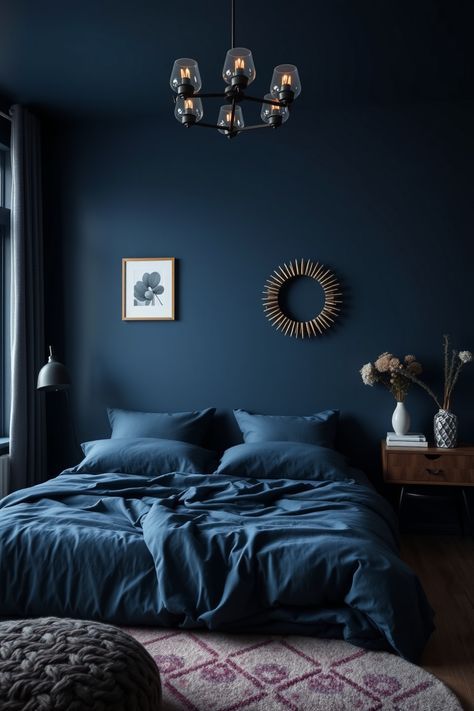 Looking to create a beautiful and calming space? Discover 15 amazing navy blue bedroom ideas that inspire luxury and comfort! From deep navy accents to cool contrasts, these stylish designs will transform your bedroom into a serene retreat. Perfect for anyone who loves rich colors, unique textures, and inviting atmospheres. Don't miss these concepts that pair navy blue with whites and warm wood tones to create a cozy and chic feel Dark Blue Attic Room, Cream And Dark Blue Bedroom, Dark Wood And Navy Bedroom, Deep Navy Bedroom, Dark Blue And Wood Bedroom, Dark Navy Blue Paint Colors, Dark Navy Bedroom Ideas, Monochrome Blue Bedroom, Minimalist Bedroom Navy Blue