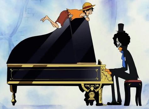 Brook, Luffy, playing, piano; One Piece Fairy Oak, Doflamingo Wallpaper, Brooks One Piece, Rock In Rio, Laughing And Crying, Playing Piano, Season 12, Straw Hats, One Piece Pictures