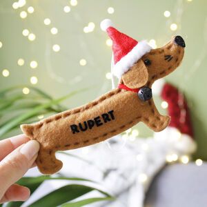 Sausage Dog Christmas, Olivia Morgan, Dog Christmas Photos, Dachshund Pattern, Felt Dog, Personalised Christmas Decorations, Felt Christmas Decorations, Dog Christmas Ornaments, Dachshund Christmas