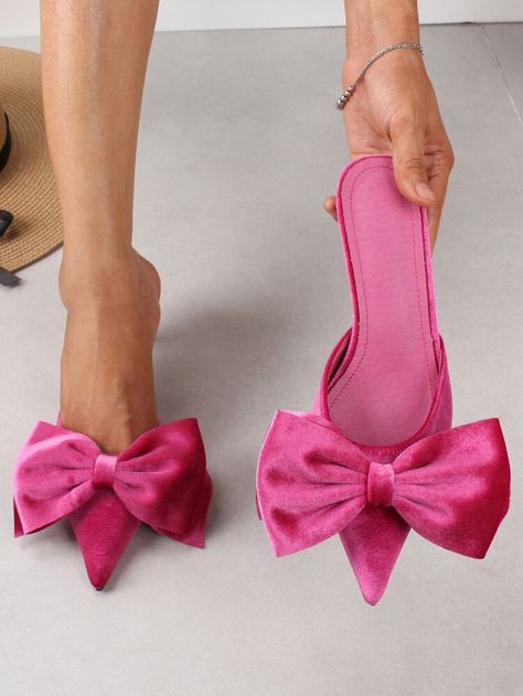 Free Returns ✓ Free Shipping On Orders $49+ ✓. Velvet Bow Decor Point Toe Mules- Women Pumps at SHEIN. Hot Pink Wedding Shoes, Pink Velvet Shoes, Hot Pink Accessories, Barbiecore Aesthetic, Mules Women, Hot Pink Weddings, Hot Pink Heels, Birthday Inspiration, Velvet Shoes