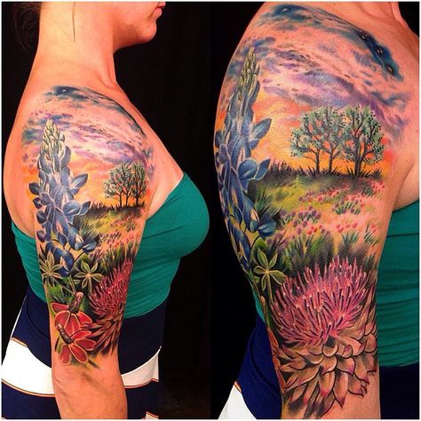 Instagram photo by @tattoosnob via ink361.com Texas Tattoos, Lavender Tattoo, Birthday Tattoo, Wildflower Tattoo, Poppies Tattoo, Landscape Tattoo, Theme Tattoo, Hummingbird Tattoo, Botanical Tattoo