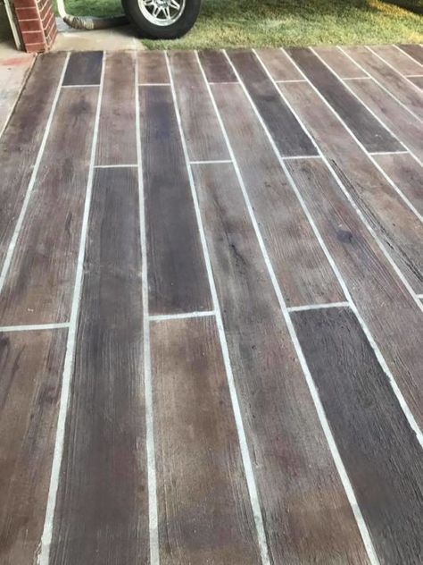 Concrete Wood Floor, Outdoor Concrete Stain, Stenciled Concrete Floor, Patio Floors, Stencil Concrete, Paint Concrete Patio, Concrete Patio Makeover, Concrete Stain, Painted Concrete Floors