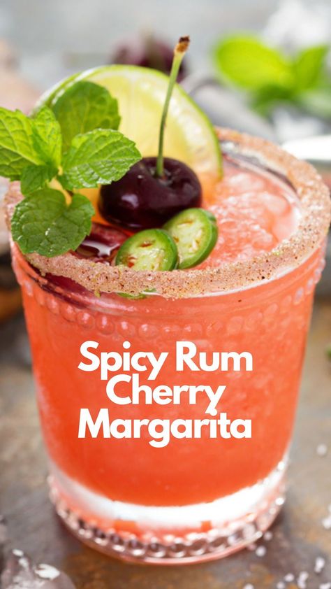 This sweet and spicy cocktail swaps smokey tequila for spicy Bacardi Superior rum. You combine rum, orange liqueur, and cherry simple syrup with lime juice. If you don’t want to make simple syrup, you can use maraschino cherry syrup instead. #SpicyRumCherryMargarita Spicy Rum Cocktails, Sweet And Spicy Cocktail, Cherry Simple Syrup, Alcohol Punch, Bacardi Superior, Spicy Cocktails, Dark Rum Cocktails, Cherry Margarita, Poolside Drinks