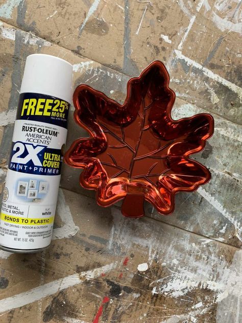 Dollar Tree Fall Leaves Diy, Tree Thanksgiving, Tray Makeover, Rustoleum Spray Paint, Fall Farmhouse Decor, Fall Tray, Dollar Tree Fall, Thanksgiving Decorations Diy, White Spray Paint