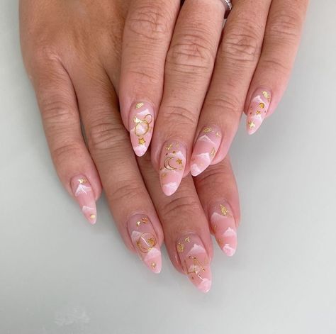 pink clouds sky sunset astrology nail art almond acrylic short chic cute nails moon stars zodiac sign Almond Nails Stars And Moon, Almond Cloud Nails, Pink Sunset Nails, Star Sign Nails, Astrological Nails, Astrology Nail Art, Zodiac Nails Designs, Pink Cloud Nails, Light Pink Nails Ideas