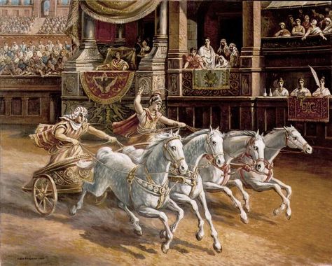 Chariot racing was in the first Olympic Games and one of Ancient Greece’s most famous statues is of a charioteer. Description from kizaz.com. I… Chariot Racing, Roman Chariot, Imperiul Roman, Ancient Olympics, Marshal Arts, Lucrezia Borgia, Circus Maximus, Grece Antique, Roman History