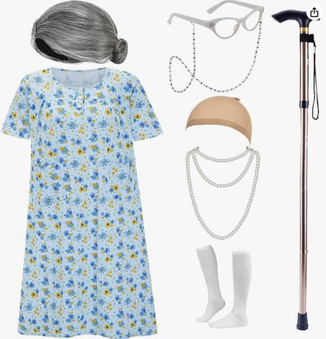 This 8-piece old lady costume outfits accessories includes: 1 x old lady costume dress clothes; 1 x old lady wig; 1 x old lady cane; 1 x granny glasses; 1 x grandma costume eyeglass chains strap; 1 x old women faux pearl beads necklaces; 1 x wig cap; 1 x grandma socks; Good combinations will meet your needs for halloween costume party. Old Lady Bachelorette Party, Old Lady Costume For Women, Old Lady Outfit, Old Lady Nightgown, Grandma Socks, Old Lady Clothes, Old Lady Wig, Granny Wig, Grandma Costume