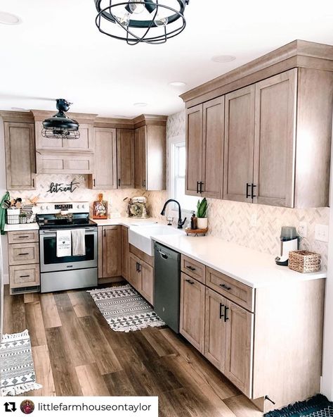 Inspired Kitchens shared a post on Instagram: “I love white kitchens too, but I would totally go for the natural wood look if I had a kitchen like…” • Follow their account to see 935 posts. Styles Of Kitchen Cabinets, Stained Wood Kitchen Cabinets, Farmhouse Kitchen Design Ideas, Stained Cabinets, Stained Kitchen Cabinets, Build Inspiration, House Remodeling, Kitchen Wood, White Kitchens