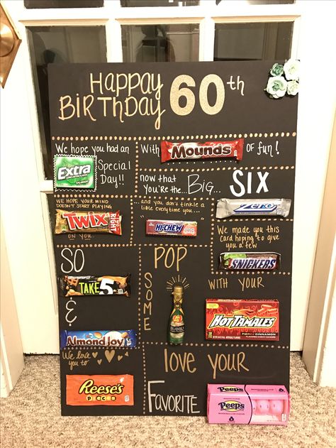 60th Birthday Candy Board 60th Birthday Homemade Gifts, 60 Candy Bar Poster, Birthday Candy Boards For Him, 60th Diy Gifts, 60th Birthday Candy Poster, 60th Birthday Board Ideas, 60th Birthday Candy Bar Poster, Diy 60th Birthday Decorations For Mom, 60th Birthday Board