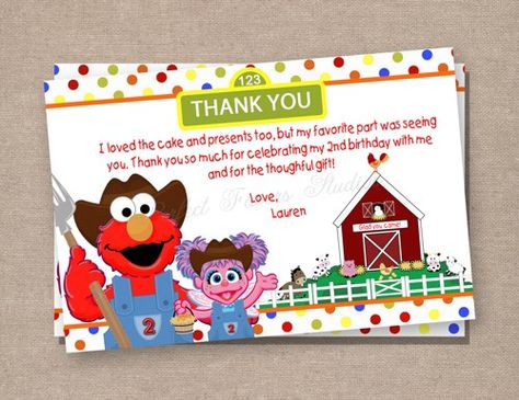 Elmo Farm Birthday Party, Sesame Street Farm Birthday, Elmo Games 1st Birthday, Abby From Sesame Street Party, Vintage Elmo Party, Sesame Street Thank You Tags, Elmo’s World Birthday Invitation, Half Birthday, Birthday Thank You Cards