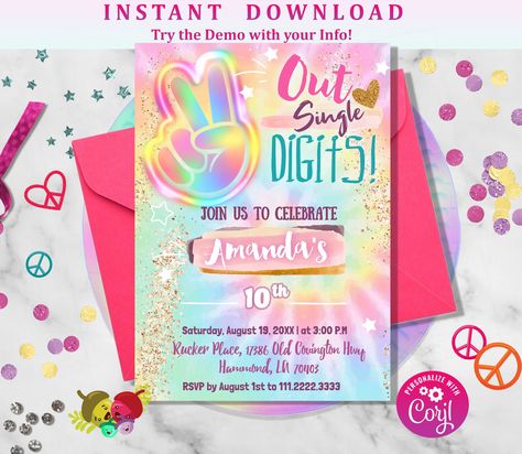 Pastel Tie Dye Birthday Party, Double Digit Birthday Ideas, Peace Out Single Digits, Tie Dye Birthday Party, Tie Dye Birthday, Tie Dye Party, Girls Birthday Party Themes, 10 Birthday, Tenth Birthday