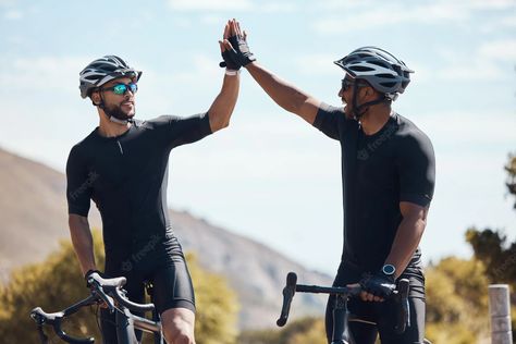 Premium Photo | High five winner and cycling team of cyclists having fun riding together outdoors in nature happy excited and fit male bicycle riders on a break after exercising and training in the environment On A Break, Cycling Team, High Five, The Environment, Having Fun, Premium Photo, Fitness Training, In Nature, Mountain Biking