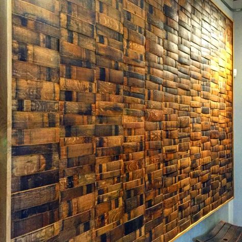 Could be used as a feature wall somewhere Wine Barrel Wall Paneling w/ Oak Boarder Wood Interior Walls, Wine Barrel Wall, Wine Barrel Crafts, Upcycle Art, Barrel Ideas, Whiskey Barrel Furniture, Barrel Projects, Wine Barrel Furniture, Barrel Decor