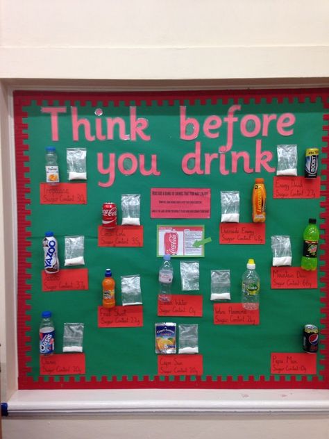 4h Health Project, Food Technology Display Boards, Sugar In Drinks, Nutrition Bulletin Boards, Nurse Bulletin Board, School Nurse Office Decorations, Health Bulletin Boards, School Wellness, School Nurse Office