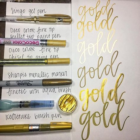 Gold pen comparison                                                                                                                                                                                 More                                                                                                                                                                                 More Pen Drawing Ideas, Gold Pen, Creative Lettering, Brush Pens, Calligraphy Letters, Calligraphy Pens, Brush Lettering, Marker Pen, Shine On