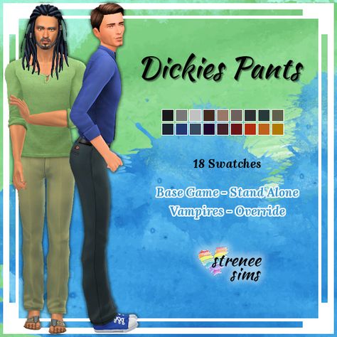 These Dickies pants are perfect for uniforms and for skateboarding. #sims4 #ts4 Sims 4 Dickies, Dickies Pants, Sims 4 Clothing, Pants Pattern, Color Swatches, Sims 4, Pants, Clothes