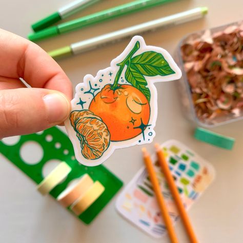 Foodie Illustration, Tangerine Fruit, Stickers Random, Acrylic Markers, Bullet Journal Art, Tangerine Orange, Die Cut Sticker, Sketchbook Inspiration, Fruit Art