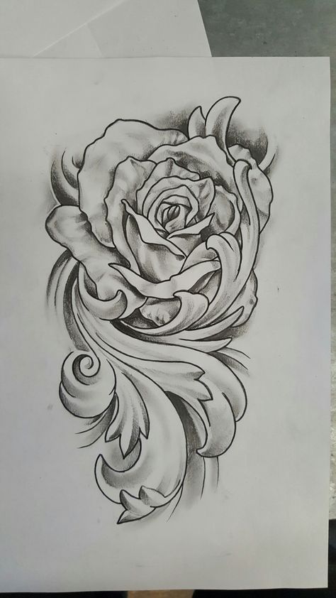 Rose with flourish tattoo design Flourish Tattoo, Rose Bud Tattoo, Skull Rose Tattoos, Rose Drawing Tattoo, Filigree Tattoo, Geniale Tattoos, Tattoo Stencil Outline, Floral Tattoo Design, Tattoo Design Book