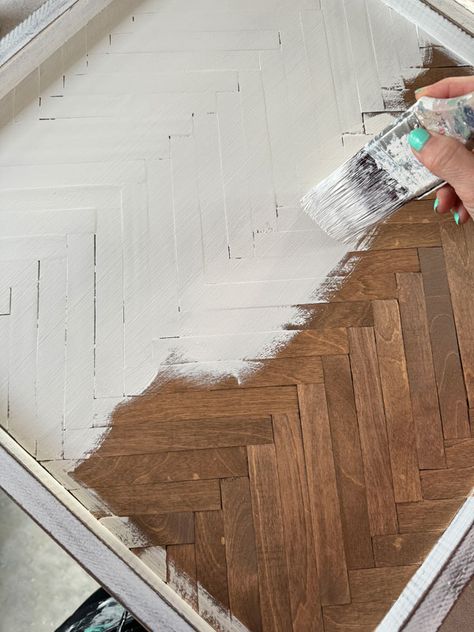 DIY Herringbone Tray Paint Stir Stick Wall Art, Herringbone Cabinet Doors Diy, Diy Herringbone Wall, Herringbone Art, Wood Kitchen Backsplash, Hobby Lobby Wall Art, Shoe Shine Box, End Table Makeover, Herringbone Wall