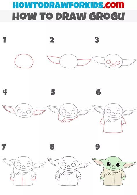 How To Draw Grogu Step By Step, How To Draw Baby Yoda, Draw Grogu, How To Draw Star Wars, Grogu Drawing, How To Draw Yoda, Easy Fish Drawing, Yoda Drawing, Drawing Lessons For Kids