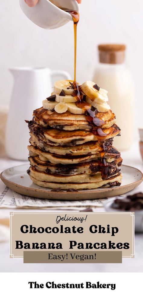 vegan chocolate chip banana pancakes Banana Pancakes Easy, Chocolate Chip Banana Pancakes, Vegan Breakfast Recipes Healthy, Vegan Breakfast Recipes Easy, Best Vegan Breakfast, Banana Chocolate Chip Pancakes, Vegan Pancake Recipes, Plant Based Recipes Breakfast, Delicious Pancakes