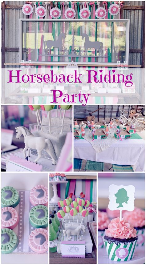 Beautiful horseback riding girl birthday party! Worth a look! See more party ideas at CatchMyParty.com. #horses #girlbirthday Horseback Riding Party, Horse Theme Birthday Party, Birthday Horse, Horse Birthday Party, Horse Themed Party, Horse Back Riding, Horse Birthday Parties, Cowgirl Birthday Party, Horse Party